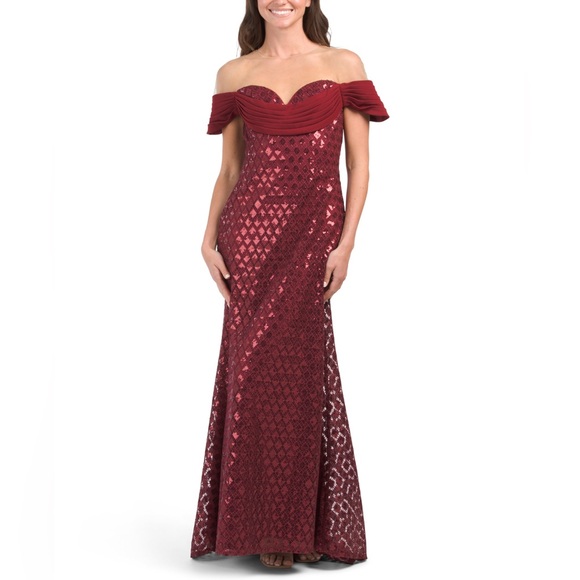 TADASHI SHOJI POMEGRANATE RED SEBASTIAN SEQUIN LACE OFF THE SHOULDER GOWN - Picture 4 of 5